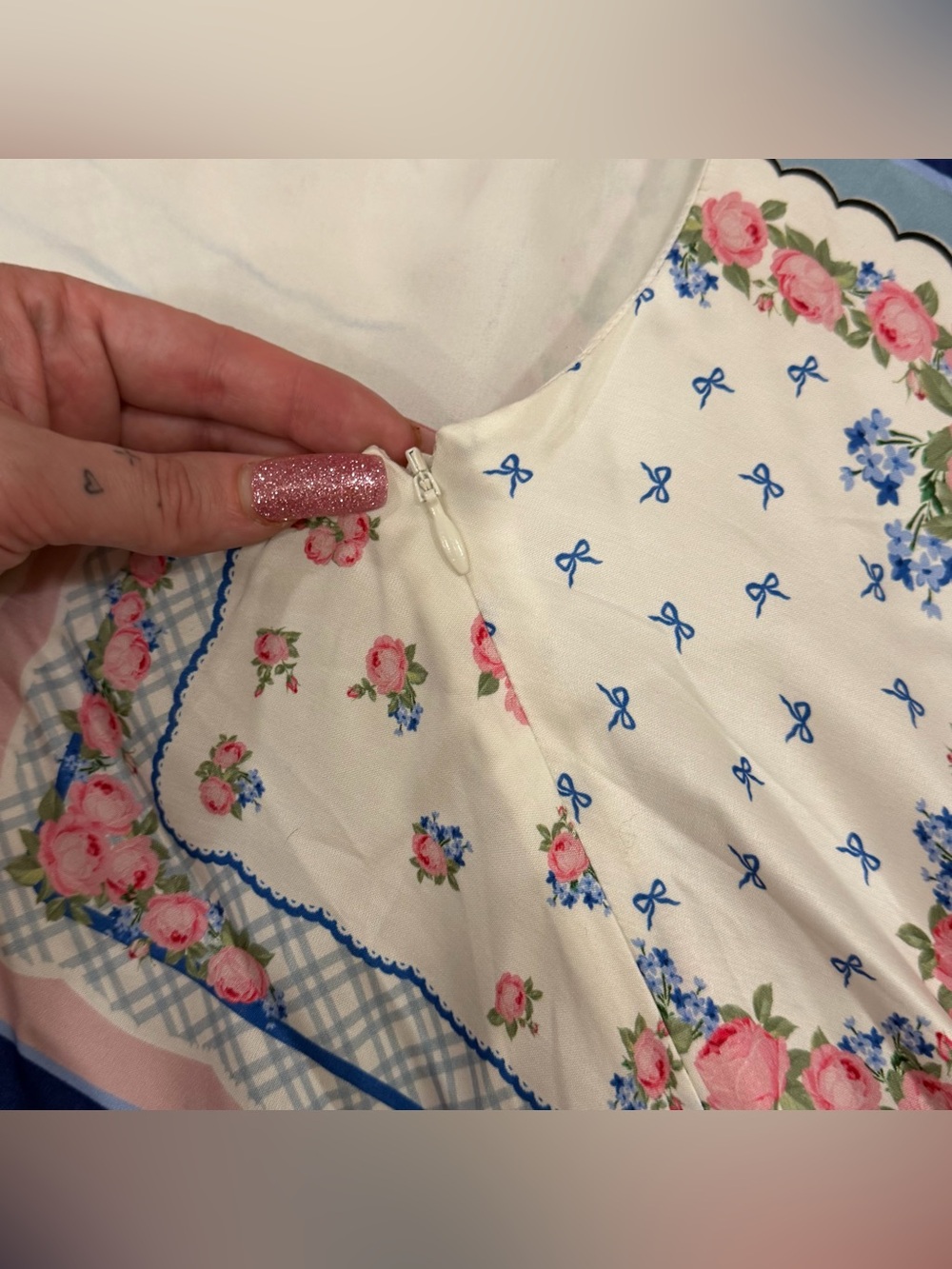 For love and lemons pink and blue floral patchwork strapless dress - Picture 7 of 9